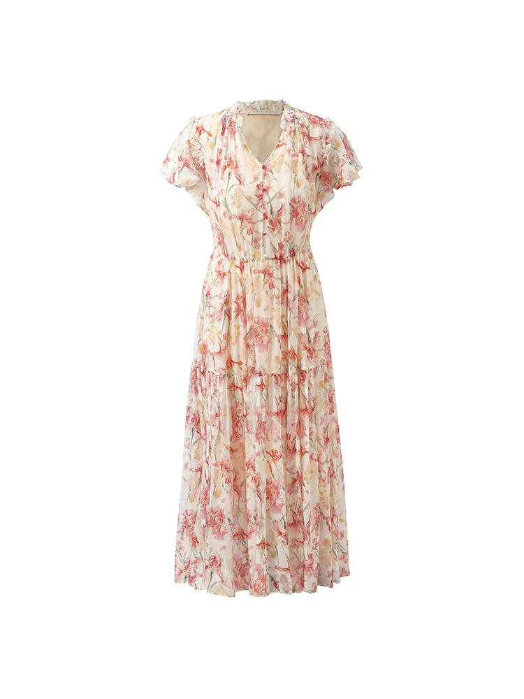 10 Momme Mulberry Silk Iris Printed V-Neck Ruffle Sleeves Women Maxi Dress