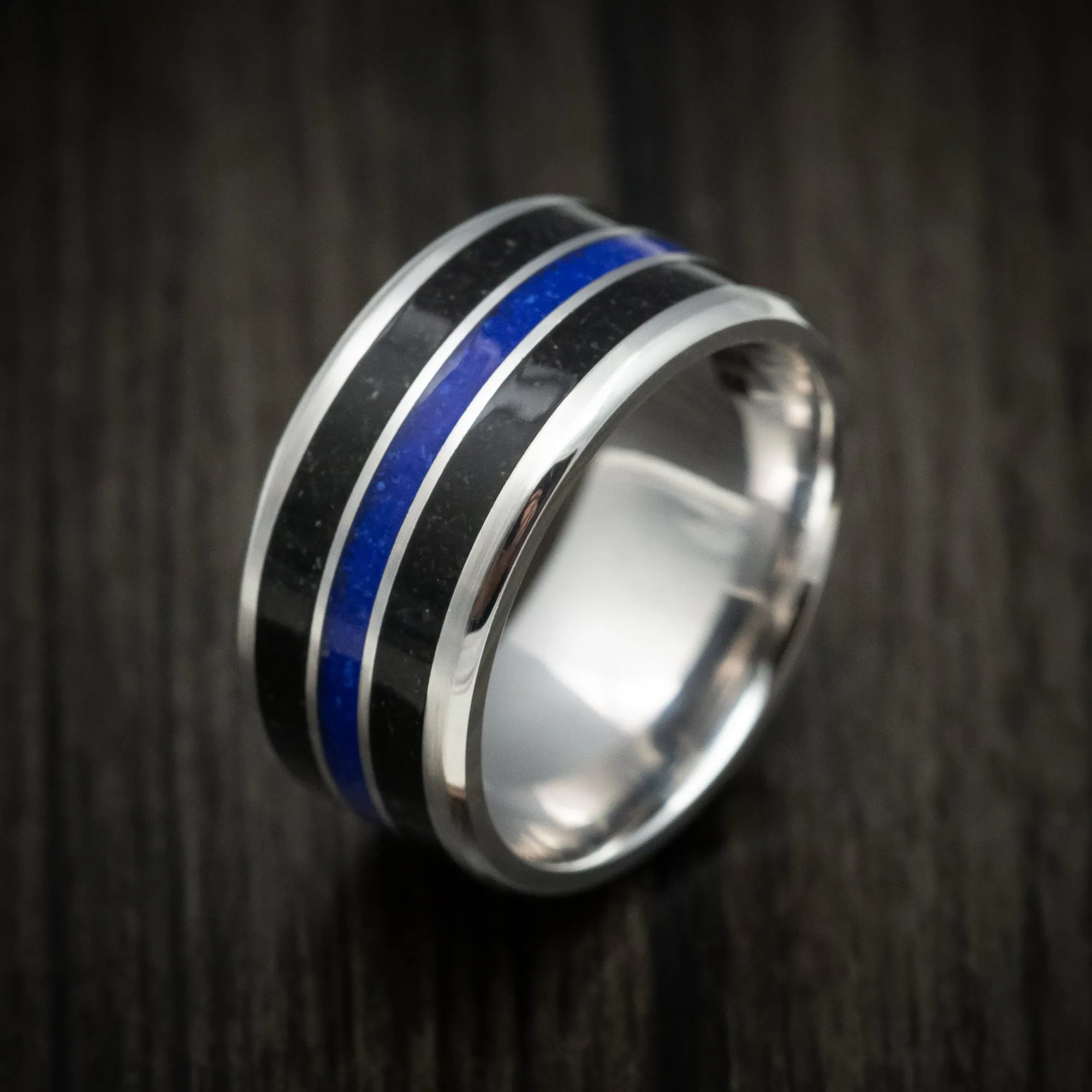 10K White Gold Men's Ring with Dinosaur Bone and Lapis Inlays Custom Made Band