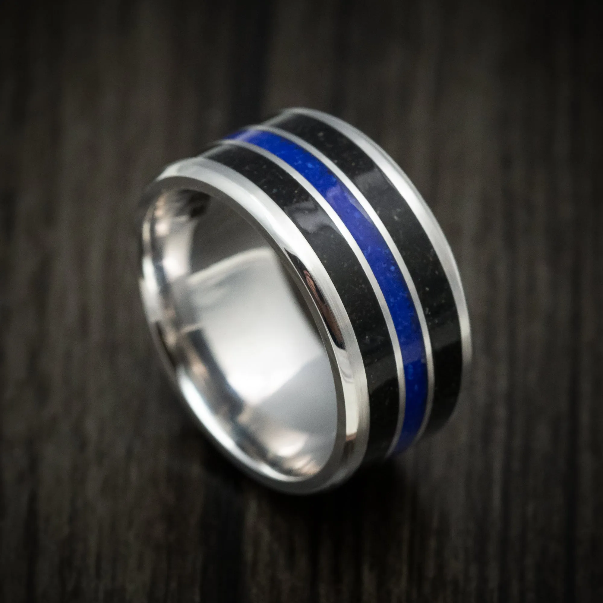 10K White Gold Men's Ring with Dinosaur Bone and Lapis Inlays Custom Made Band