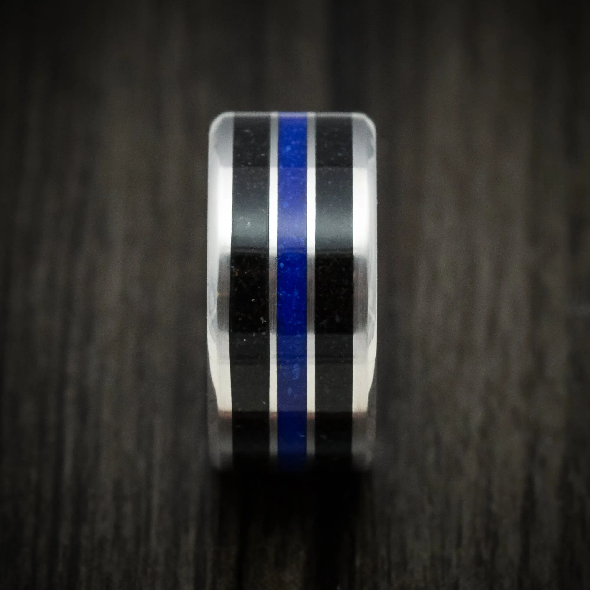 10K White Gold Men's Ring with Dinosaur Bone and Lapis Inlays Custom Made Band