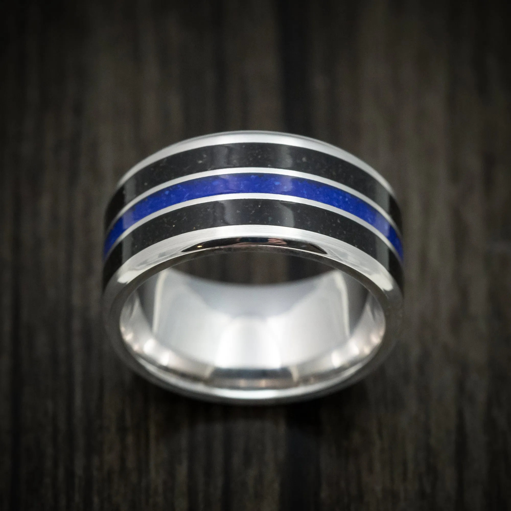 10K White Gold Men's Ring with Dinosaur Bone and Lapis Inlays Custom Made Band