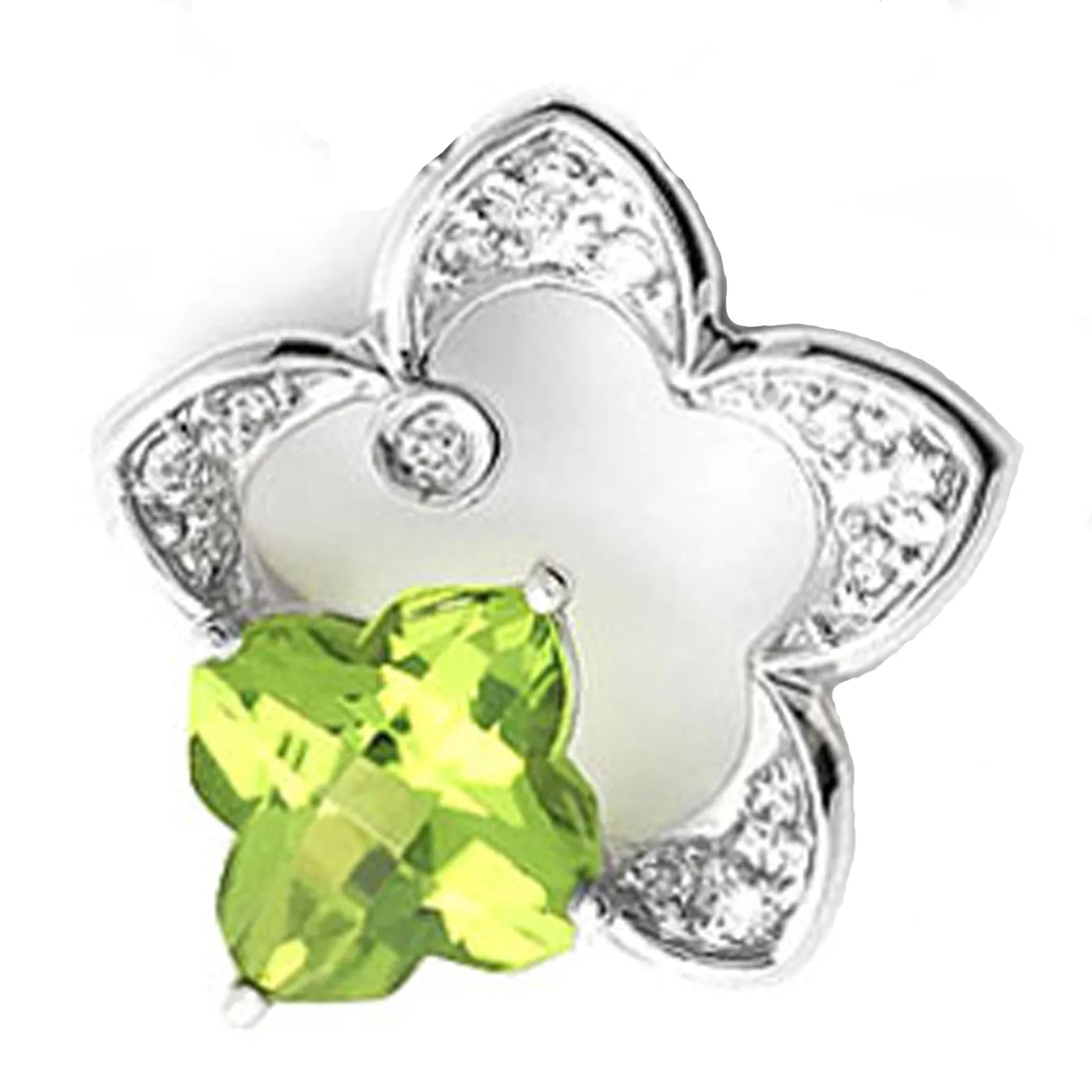 14k White Gold Clover Shape Peridot and Diamond Star Pendant