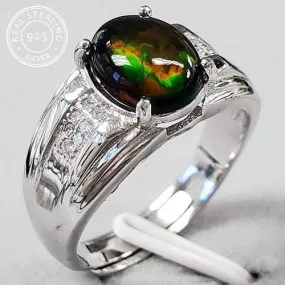 1.70 CT GENUINE ETHIOPIAN BLACK OPAL & CREATED WHITE TOPAZ  925 STERLING SILVER ADJUSTABLE MENS ING