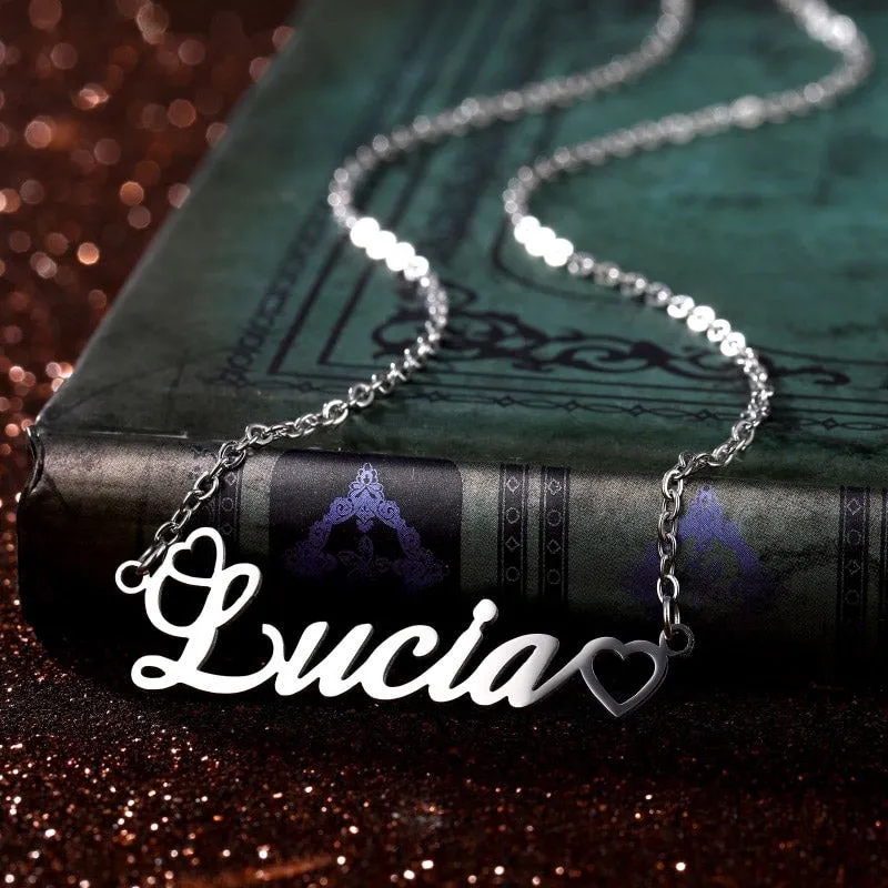 18K Personalized Name Necklace With Tiny Heart