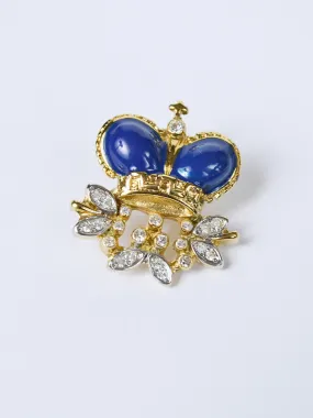 1980s crown-shpaed small pin with rhynestone and blue gems