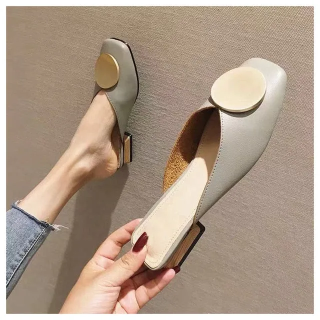 2020 Brand Designer Women Slippers Slip On Mules Flat Heel Casual Shoes British Buckle Slides Wooden Block Heels Summer Footwear