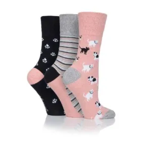 3 Pairs Non Binding Socks for Women in Pet Prints with Cats & Dogs