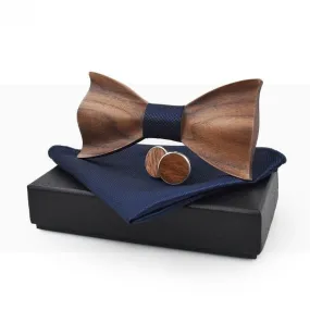 3D Fashion Wedding Handmade Pocket Square Cufflinks Wooden Bowtie Set