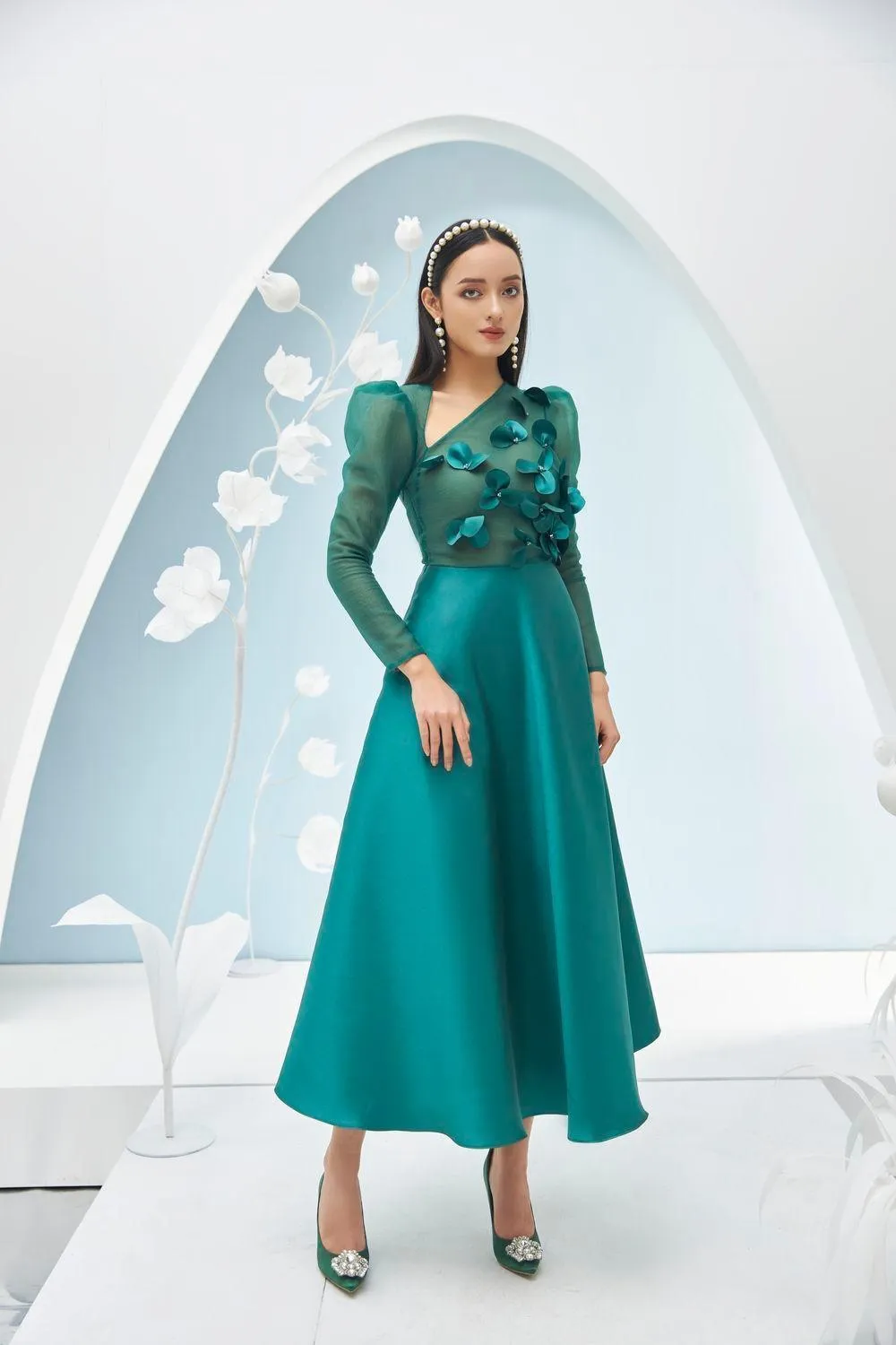 Adelaide Fit and Flare Long Sleeved Taffeta Midi Dress