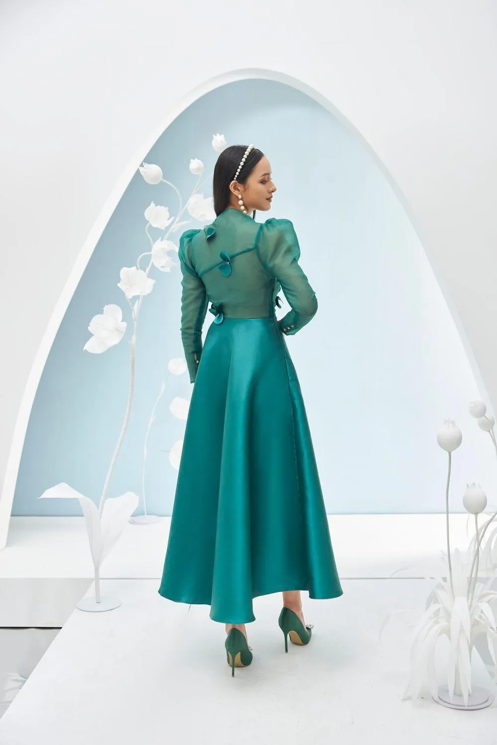 Adelaide Fit and Flare Long Sleeved Taffeta Midi Dress