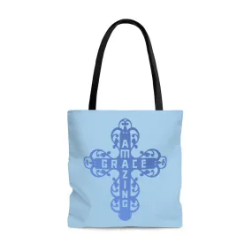 Amazing Grace Filigree Cross Large Light Blue Tote Bag (Dual-Sided Design)