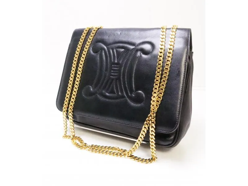 Authentic Pre-owned Celine Vintage Gold Chain Black Leather Logo 2-length Shoulder Bag Italy 193003