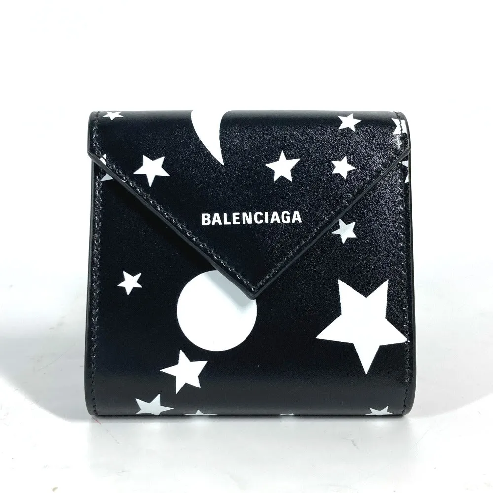 BALENCIAGA Trifold wallet 637450 leather Black x white logo star PAPIER FLAP Women Used Authentic