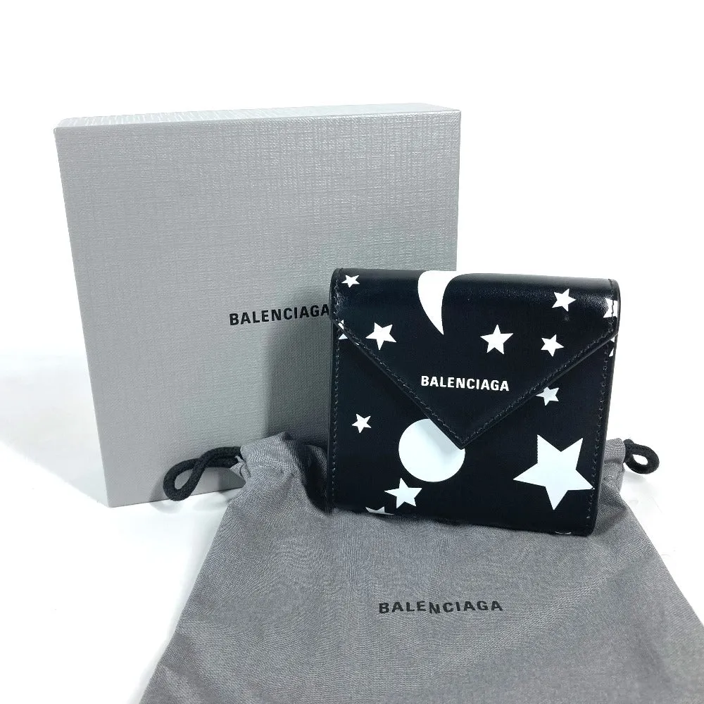 BALENCIAGA Trifold wallet 637450 leather Black x white logo star PAPIER FLAP Women Used Authentic