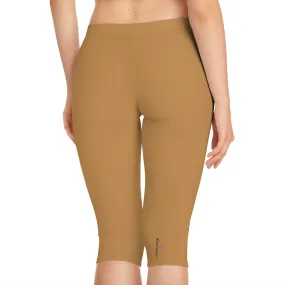 Beige Brown Women's Capri Leggings, Knee-Length Polyester Capris Tights-Made in USA (US Size: XS-2XL)