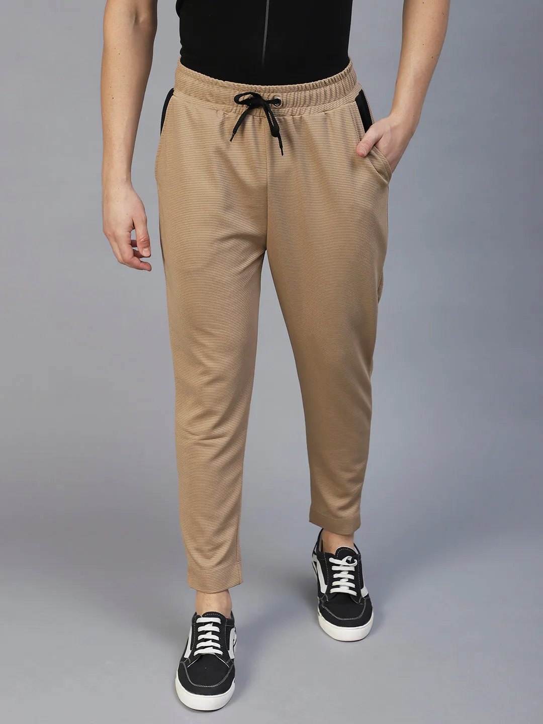 Beige Colourblock Poly Corduroy Jogger