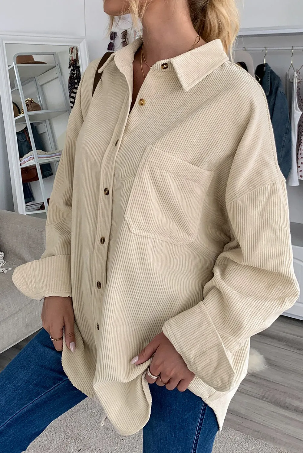 Beige Corduroy Button Pocket Shirt