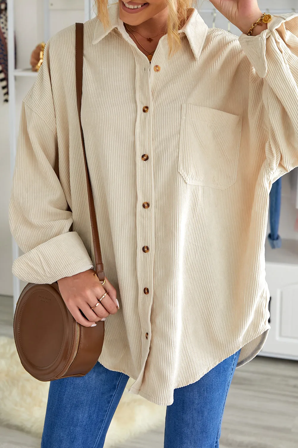 Beige Corduroy Button Pocket Shirt