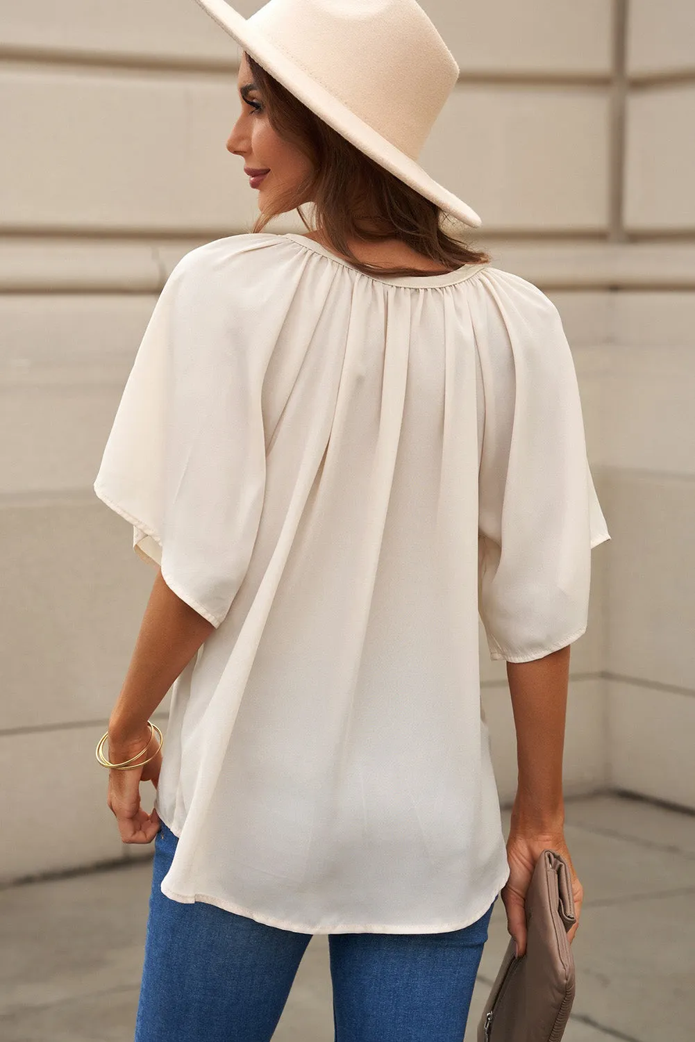 Beige Split Neck Pleated Loose Tees Top