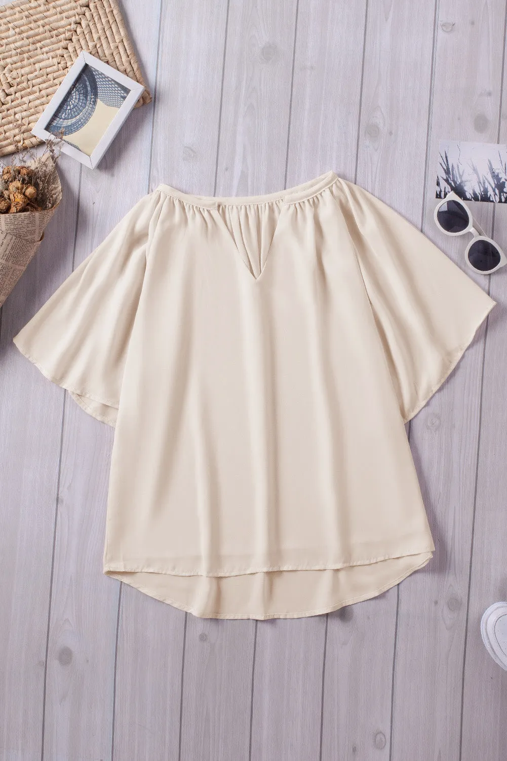 Beige Split Neck Pleated Loose Tees Top