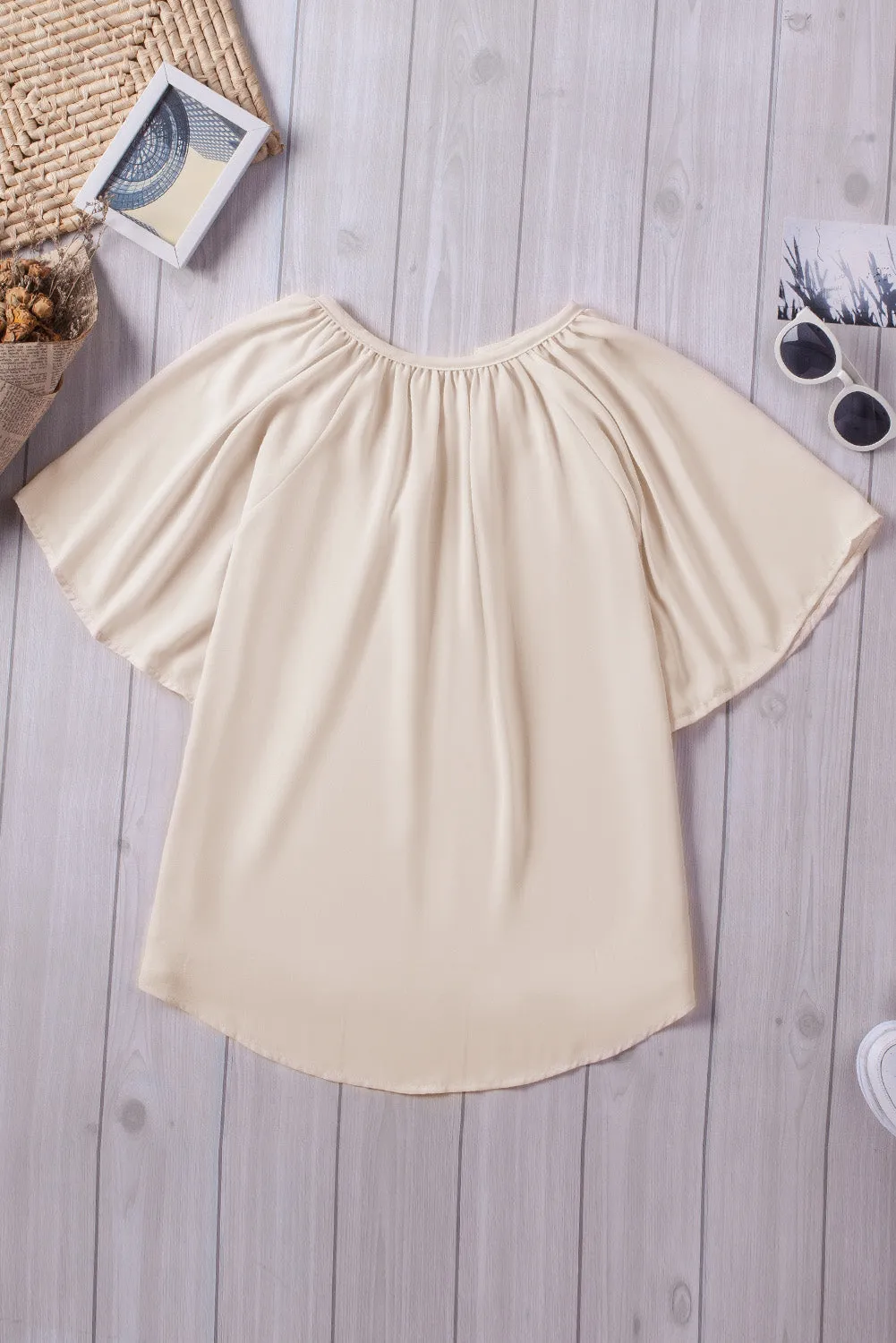 Beige Split Neck Pleated Loose Tees Top