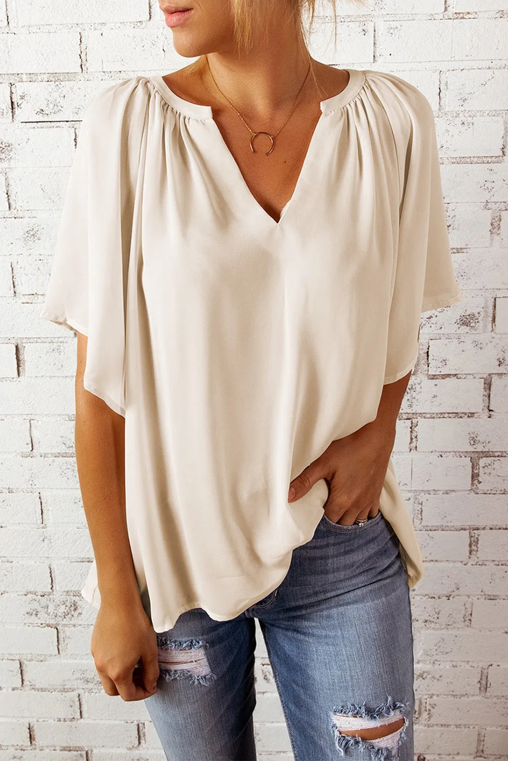 Beige Split Neck Pleated Loose Tees Top