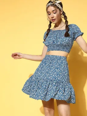 Berrylush Women Blue & White Ditsy Floral Printed Round Neck Crop Top & Mini Skirt Co-Ordinate Set