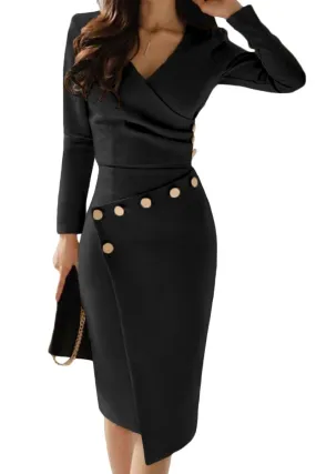 Black Asymmetric Button Long Sleeves Dress