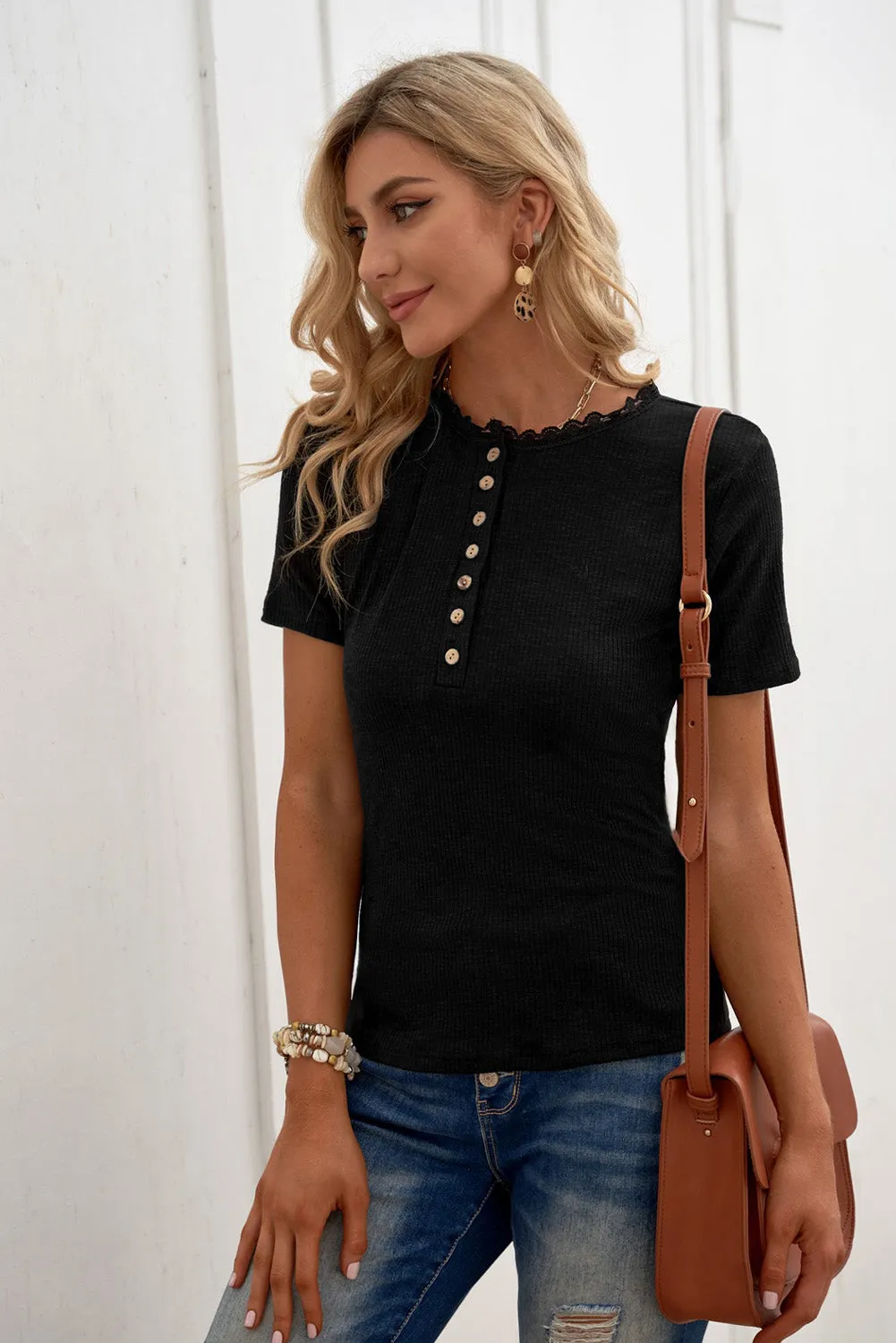 Black Buttoned Ribbed Knit Short Sleeve Top