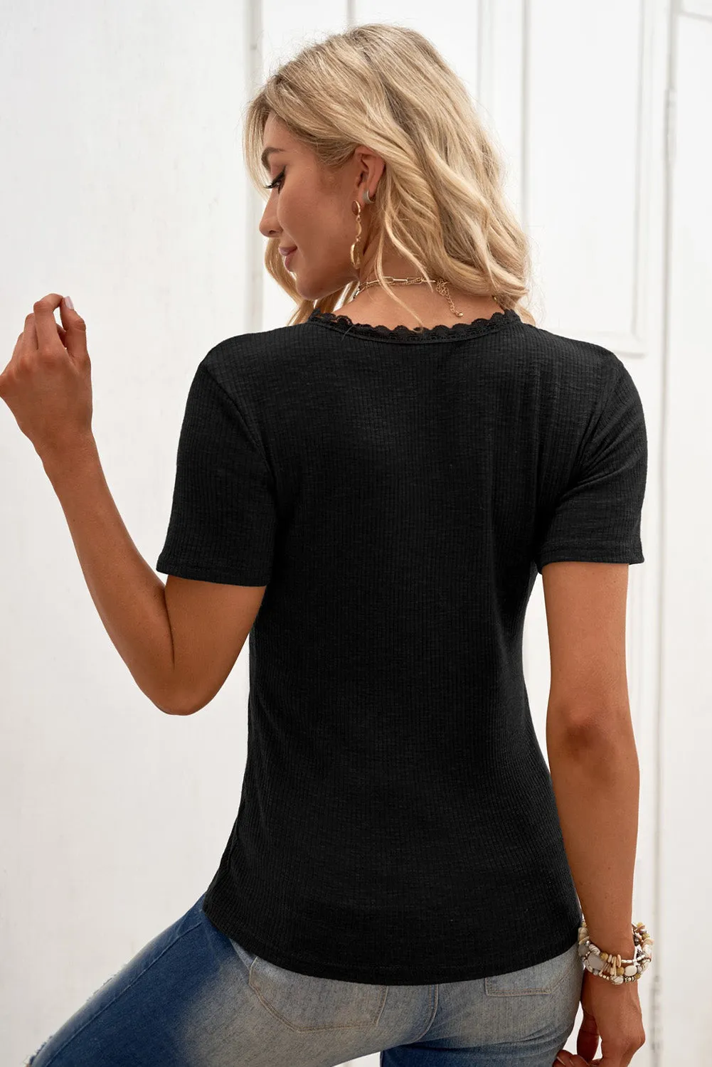 Black Buttoned Ribbed Knit Short Sleeve Top