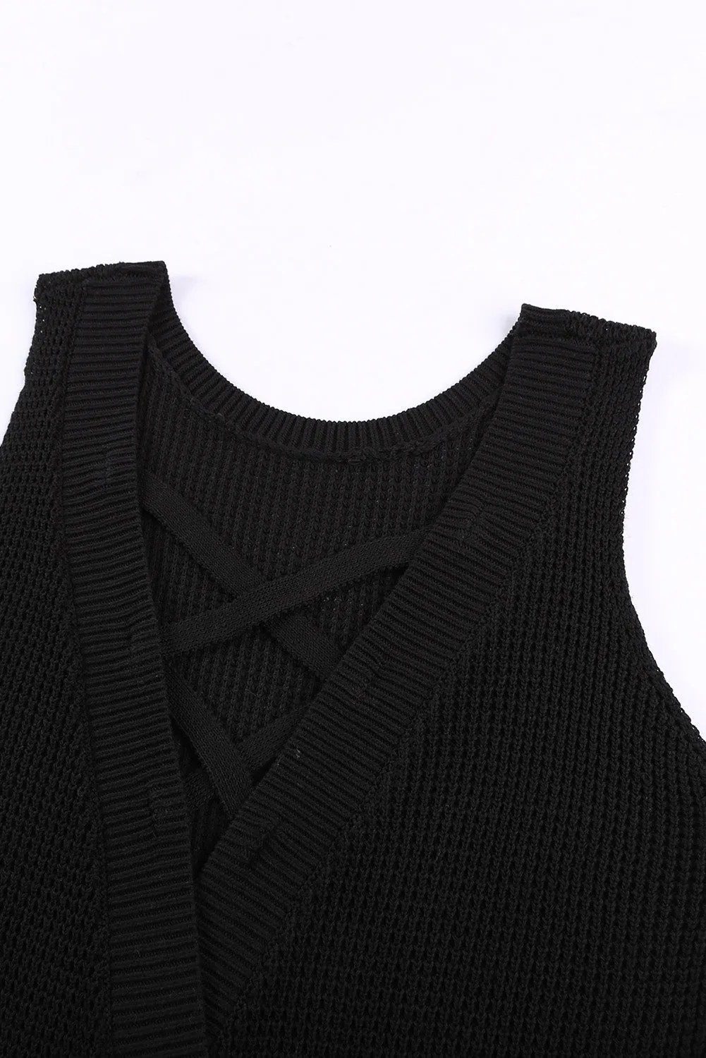 Black Criss Cross Hollow Out Knit Tank Top