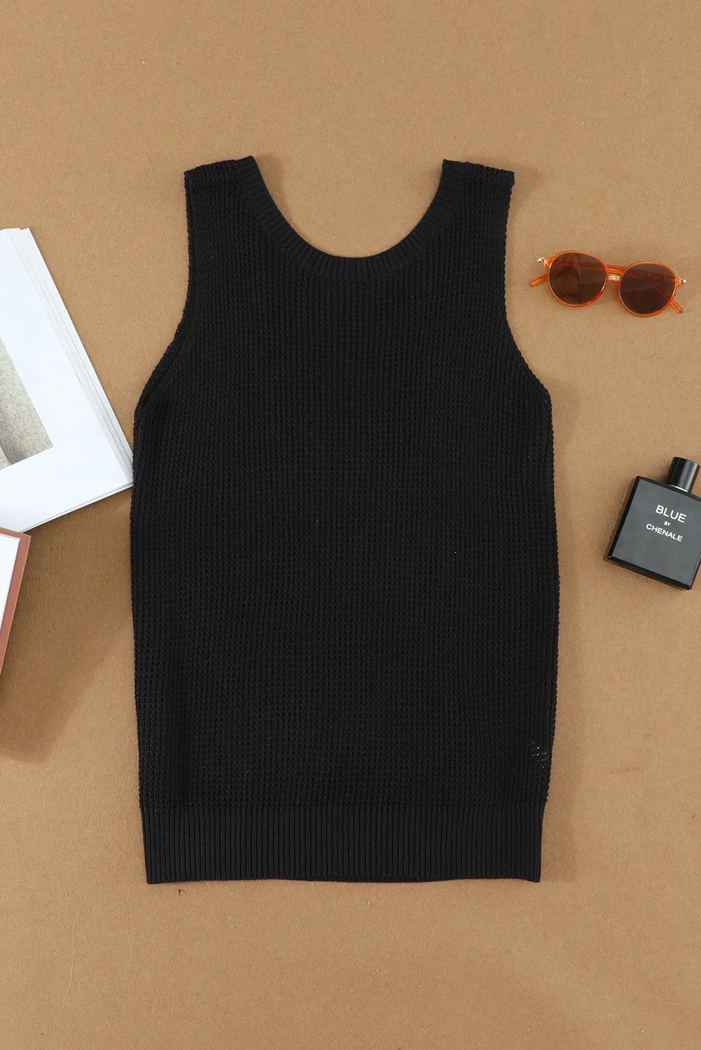 Black Criss Cross Hollow Out Knit Tank Top