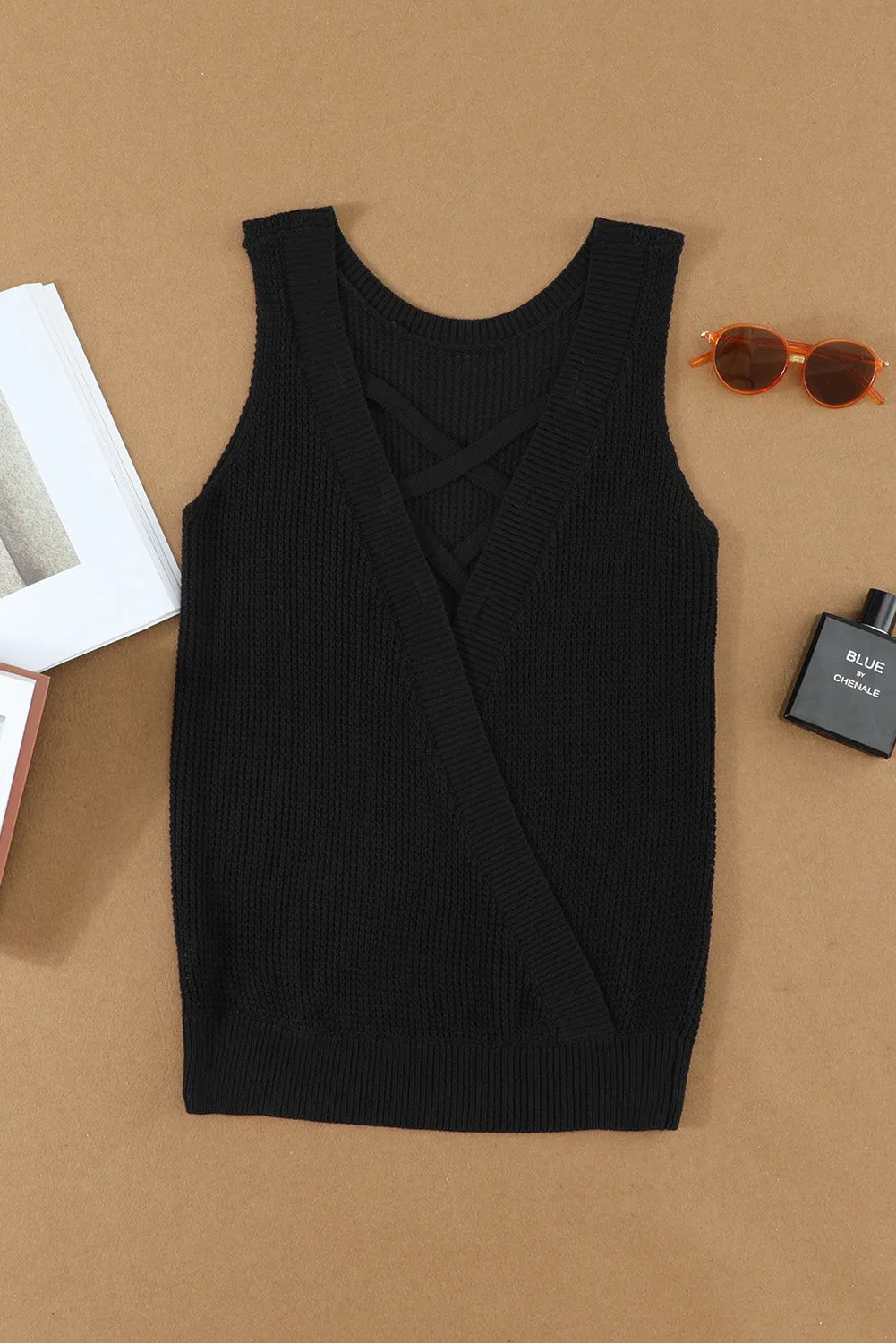 Black Criss Cross Hollow Out Knit Tank Top