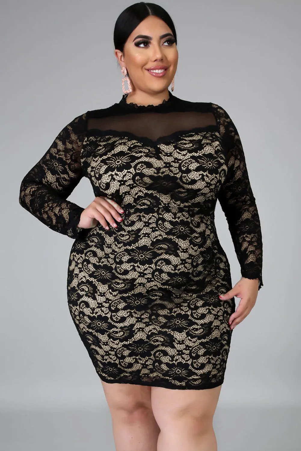 Black Floral Lace Plus Size Mini Dress