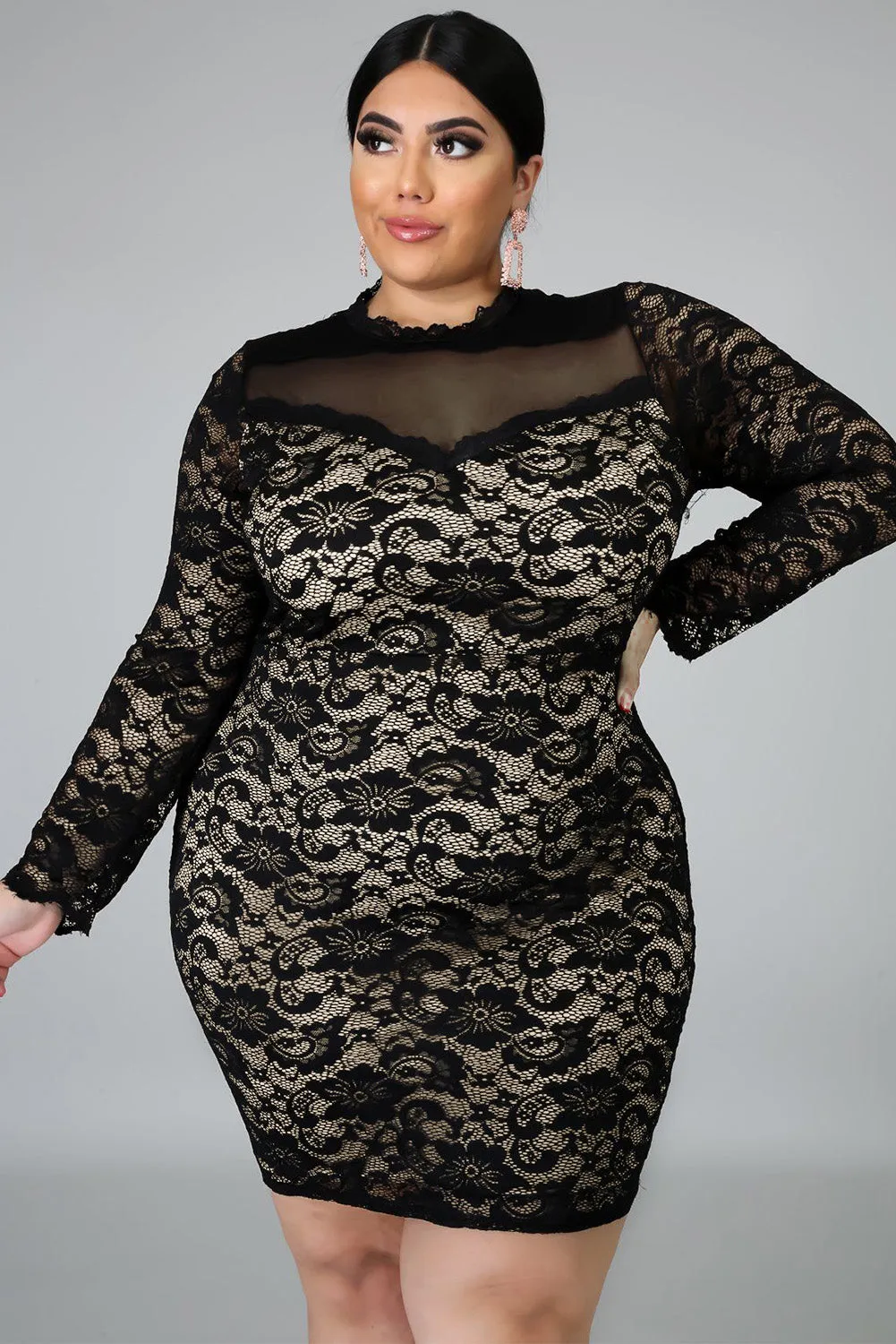 Black Floral Lace Plus Size Mini Dress