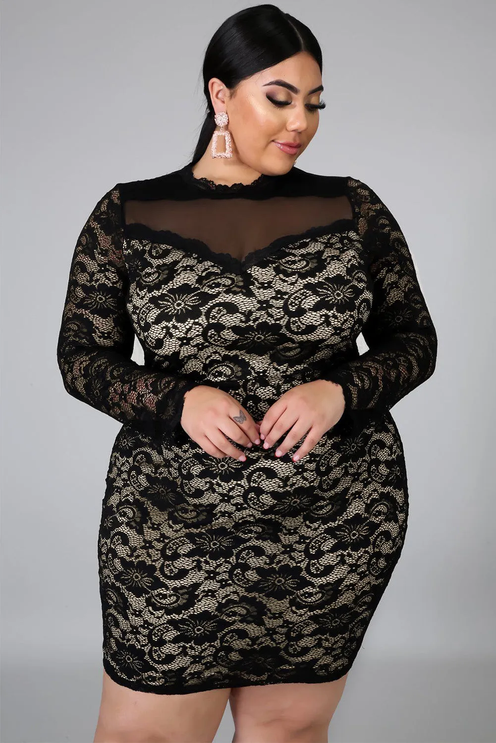 Black Floral Lace Plus Size Mini Dress