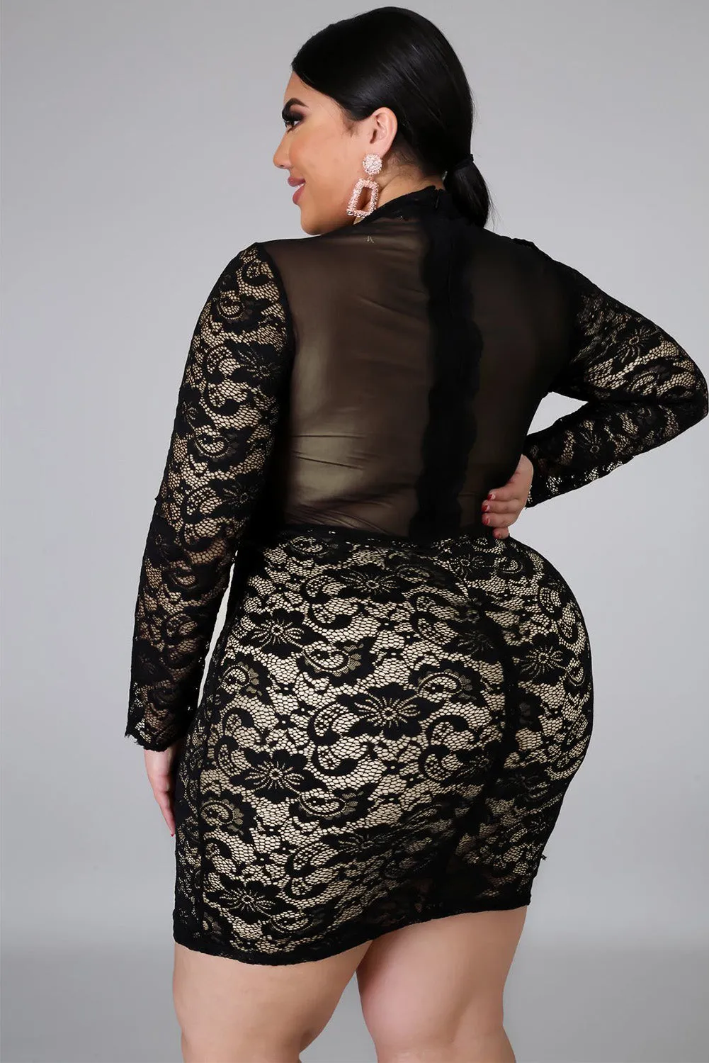 Black Floral Lace Plus Size Mini Dress