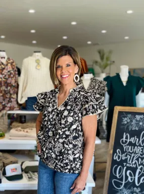 Black Floral Print Top