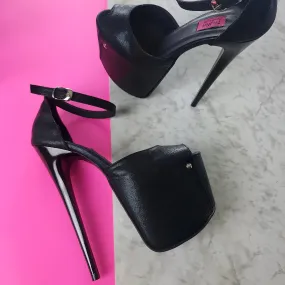 Black Hard Satin Ankle Strap High Heel Sandals