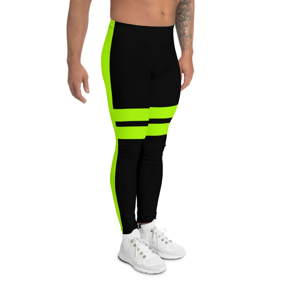 Black Neon Green Men's Leggings, Green Designer Premium Striped Meggings - Made in USA/EU/MX