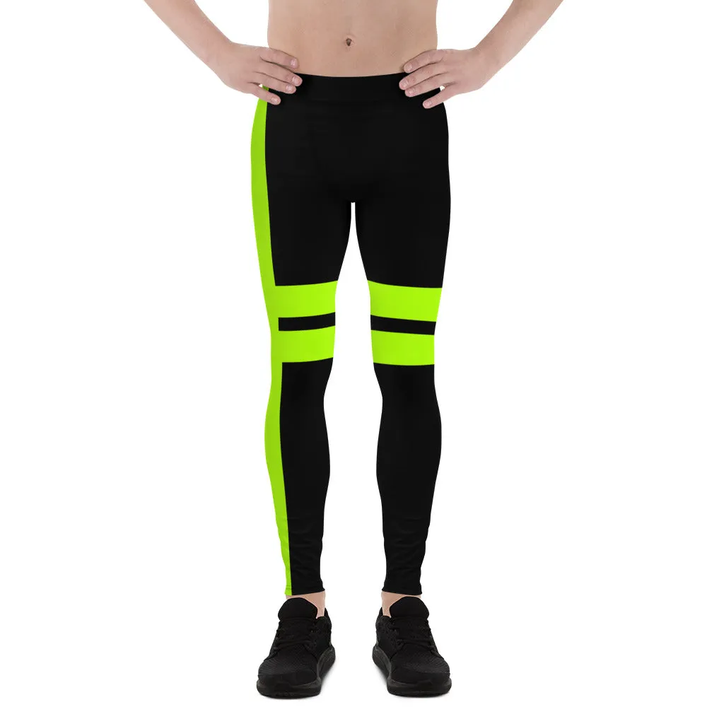 Black Neon Green Men's Leggings, Green Designer Premium Striped Meggings - Made in USA/EU/MX