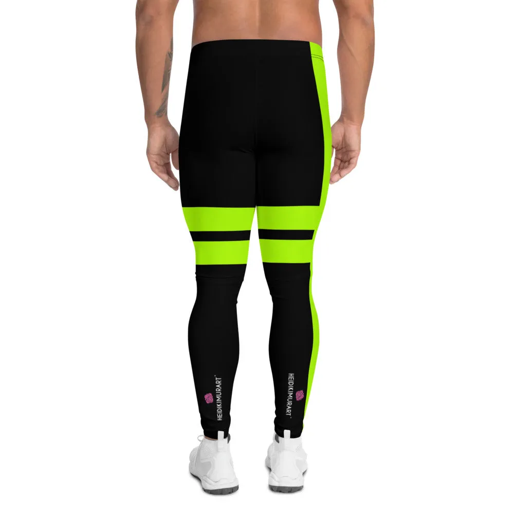 Black Neon Green Men's Leggings, Green Designer Premium Striped Meggings - Made in USA/EU/MX