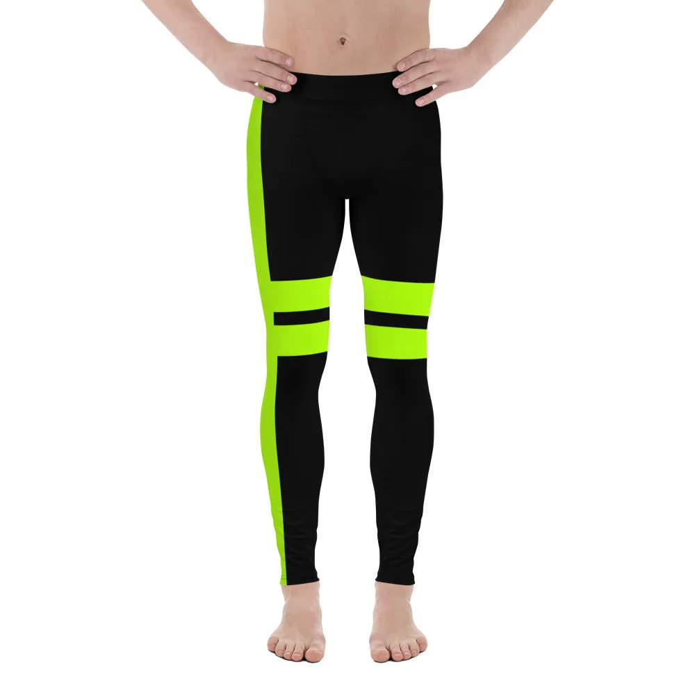 Black Neon Green Men's Leggings, Green Designer Premium Striped Meggings - Made in USA/EU/MX