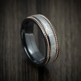 Black Titanium and Gibeon Meteorite Men's Ring with 14K Gold Braid Inlays Custom Made Band