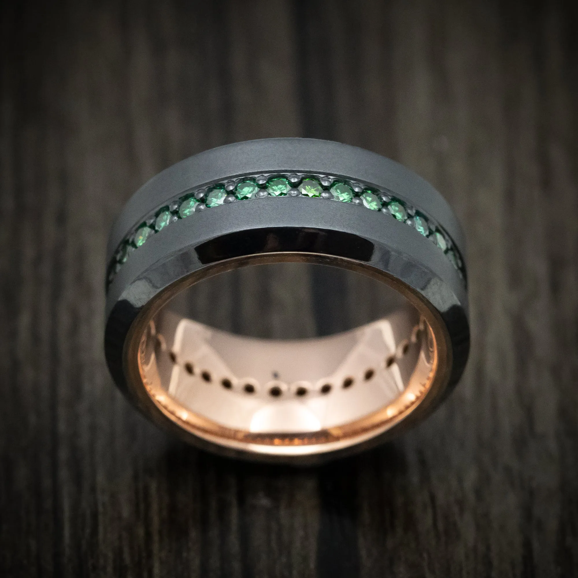 Black Zirconium and Green Diamond Men's Ring with 14K Gold Sleeve Custom Made Band