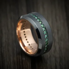 Black Zirconium and Green Diamond Men's Ring with 14K Gold Sleeve Custom Made Band