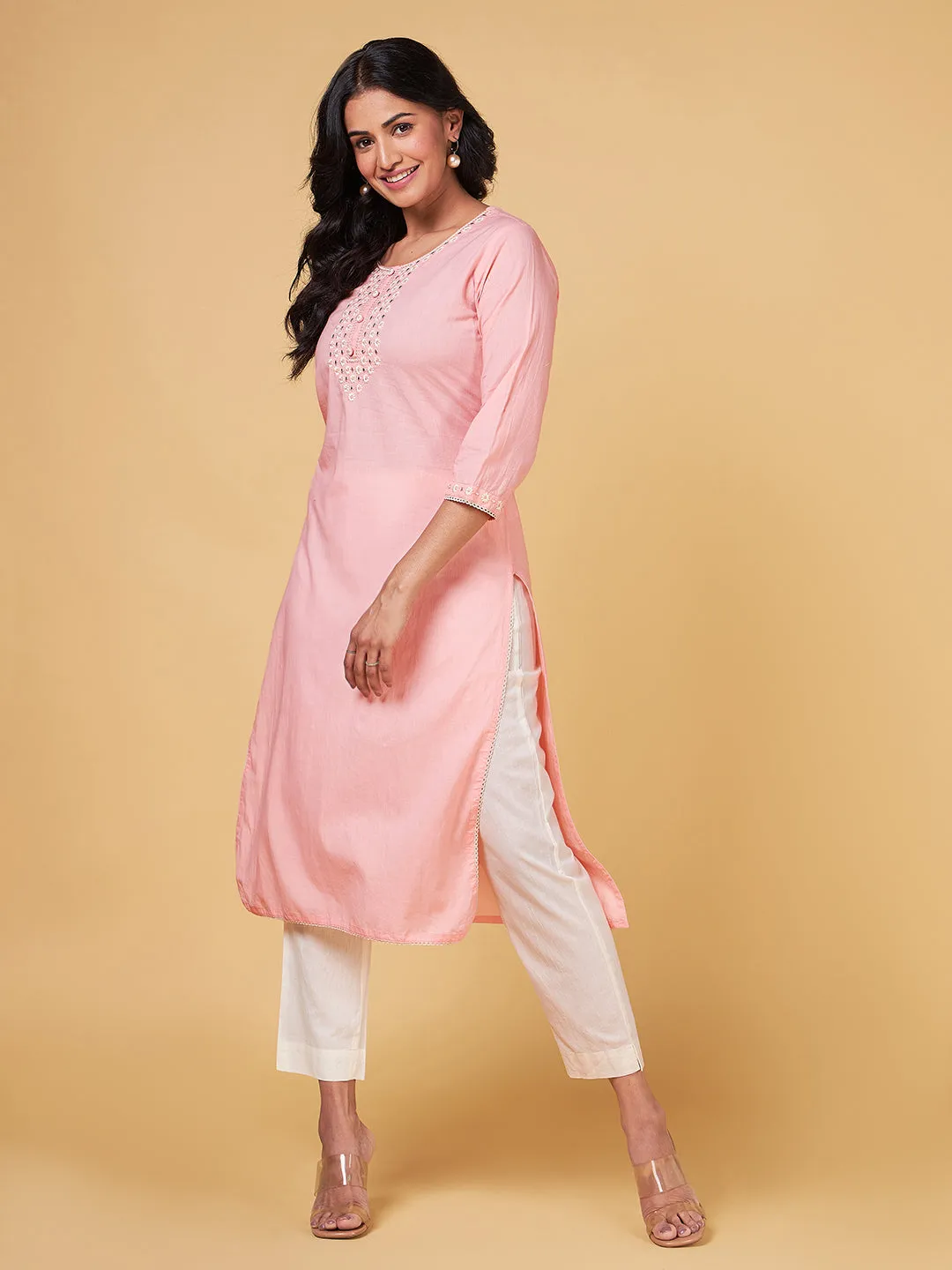 Blooming Melodies Peach Embroidered Kurta Set