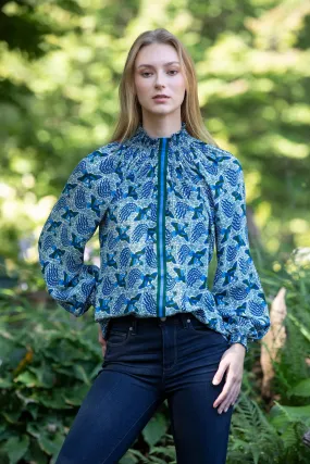 Blue & Forest Green Phoenix with Royal Blue & Forest Stripe Long Sleeved Silk Blouse