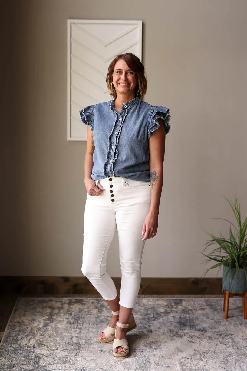 Blue Button Front Ruffle Sleeve Frayed Denim Shirt