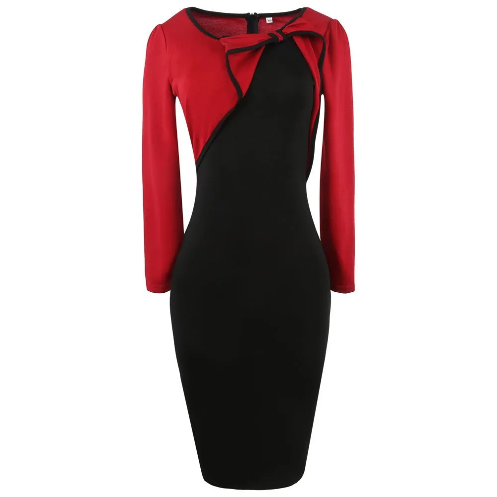 Bow-Accent Two-Tone Asymmetrical Sheath Dress